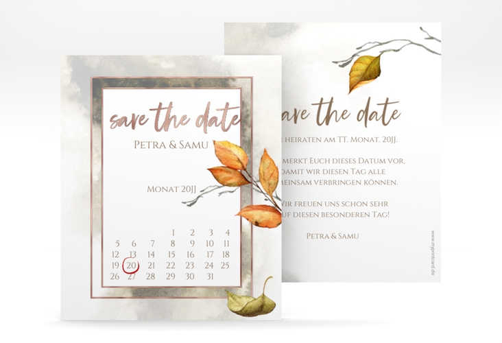 Save the Date-Kalenderblatt Herbst Kalenderblatt-Karte rosegold mit orangefarbigem Herbstlaub in Aquarell