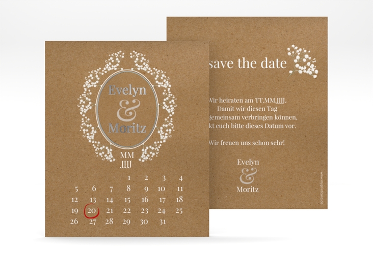 Save the Date-Kalenderblatt Gypsophila Kalenderblatt-Karte silber im Vintage-Stil mit Blumenkranz aus Schleierkraut