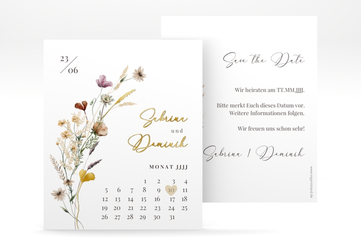 Save the Date-Kalenderblatt Sauvages Kalenderblatt-Karte gold mit getrockneten Wiesenblumen