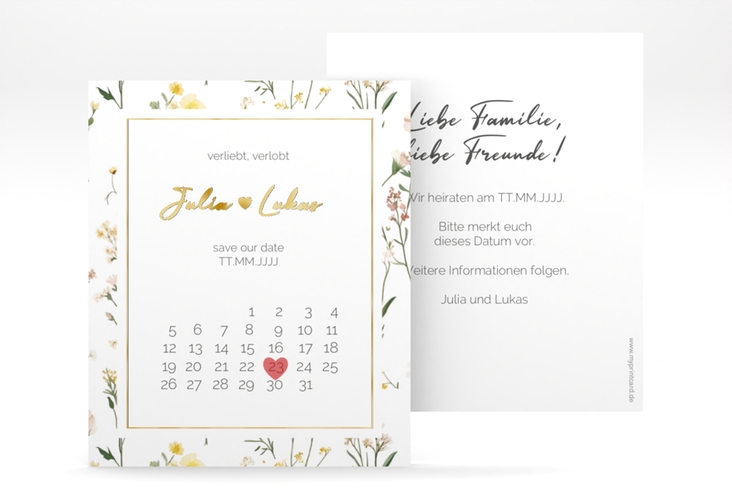 Save the Date-Kalenderblatt Blumenwiese Kalenderblatt-Karte gold