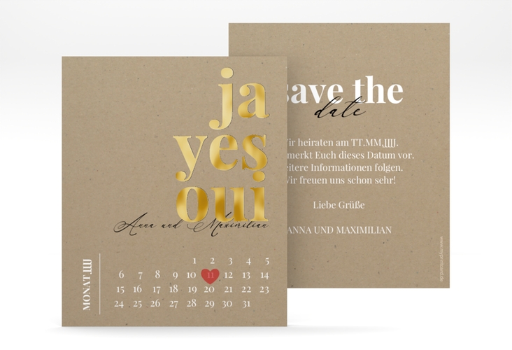 Save the Date-Kalenderblatt Oui Kalenderblatt-Karte gold mit Ja-Wort in verschiedenen Sprachen
