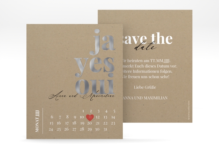 Save the Date-Kalenderblatt Oui Kalenderblatt-Karte silber mit Ja-Wort in verschiedenen Sprachen