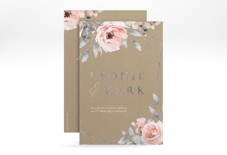 Save the Date-Karte Perfection A6 Karte hoch silber mit rosa Rosen