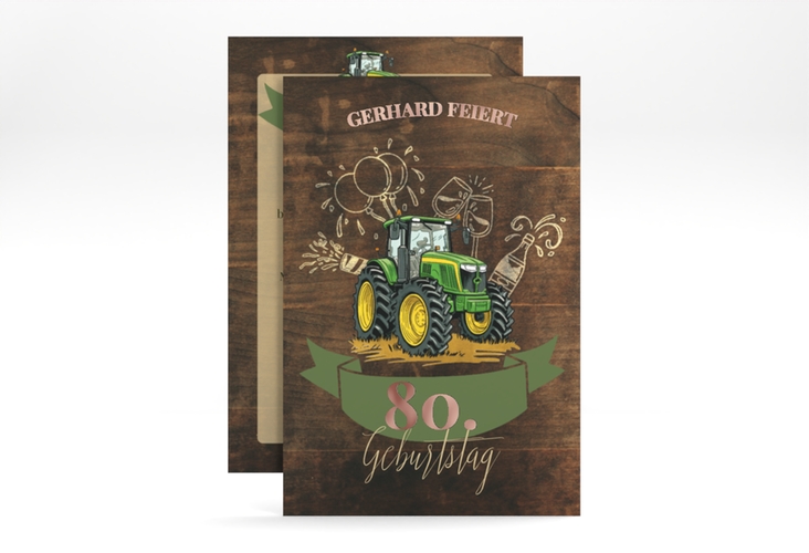 Einladung 80. Geburtstag Bulldog A6 Karte hoch rosegold