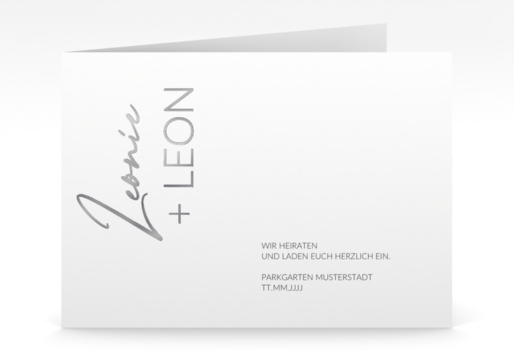Hochzeitseinladung Your Name mittlere Klappkarte quer weiss silber