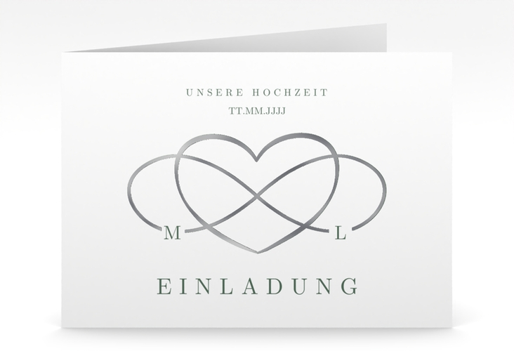 Hochzeitseinladung Infinity mittlere Klappkarte quer gruen silber