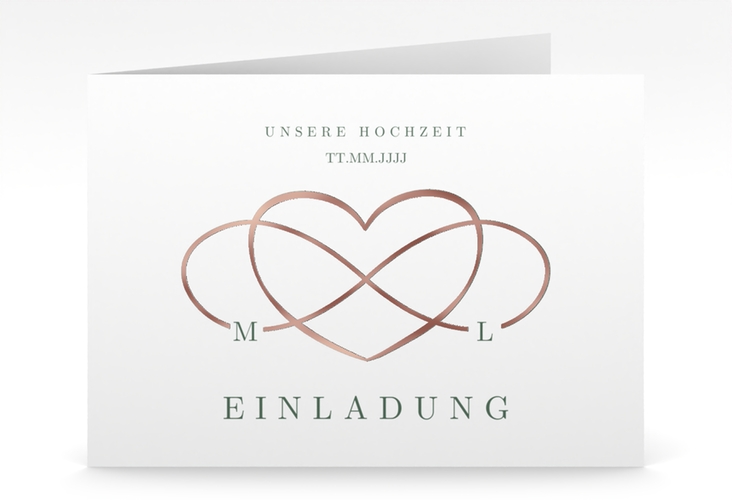 Hochzeitseinladung Infinity mittlere Klappkarte quer gruen rosegold