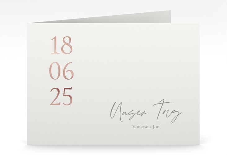 Hochzeitseinladung Day mittlere Klappkarte quer weiss rosegold mit Datum im minimalistischen Design
