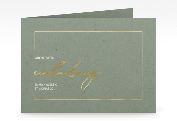 Hochzeitseinladung Simple Line mittlere Klappkarte quer gruen gold
