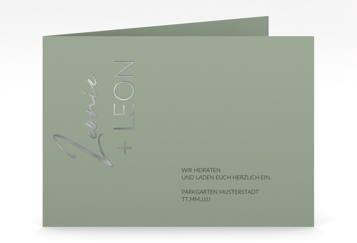 Hochzeitseinladung Your Name mittlere Klappkarte quer gruen silber