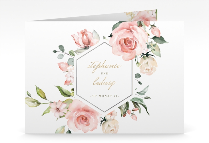 Hochzeitseinladung Graceful mittlere Klappkarte quer weiss silber mit Rosenblüten in Rosa und Weiß