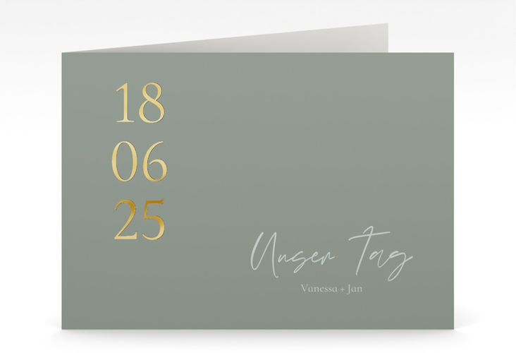 Hochzeitseinladung Day mittlere Klappkarte quer gruen gold mit Datum im minimalistischen Design