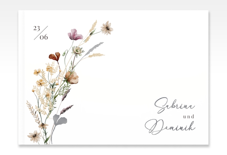 Gästebuch A4 quer Sauvages A4 quer, Hardcover silber mit getrockneten Wiesenblumen