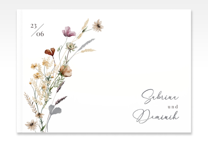 Gästebuch A4 quer Sauvages A4 quer, Hardcover silber mit getrockneten Wiesenblumen
