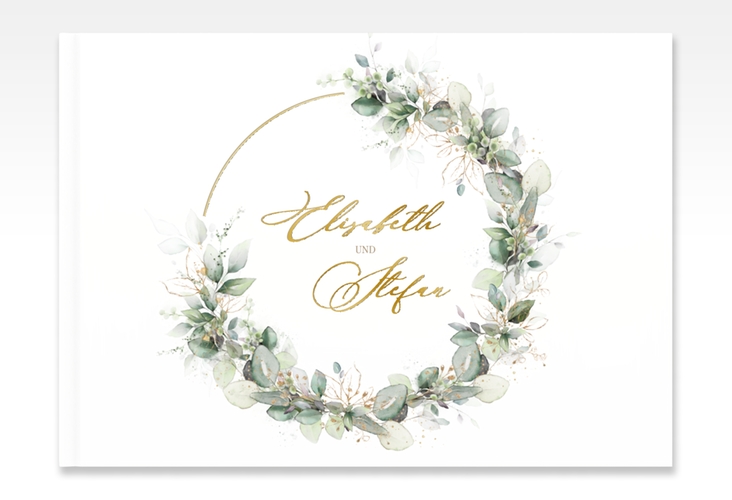 Gästebuch A4 quer Selvatica A4 quer, Hardcover gold mit Eukalyptus-Kranz