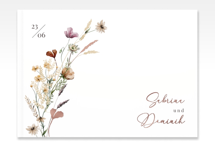 Gästebuch A4 quer Sauvages A4 quer, Hardcover rosegold mit getrockneten Wiesenblumen