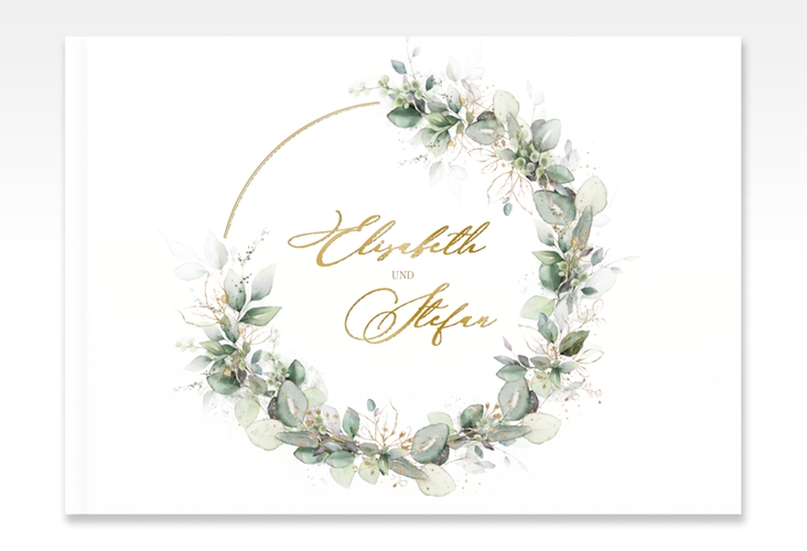 Gästebuch A4 quer Selvatica A4 quer, Hardcover gold mit Eukalyptus-Kranz