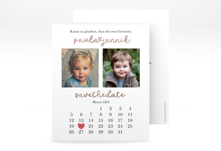 Save the Date-Kalenderblatt Kindheitsfotos Kalenderblatt-Karte rosegold