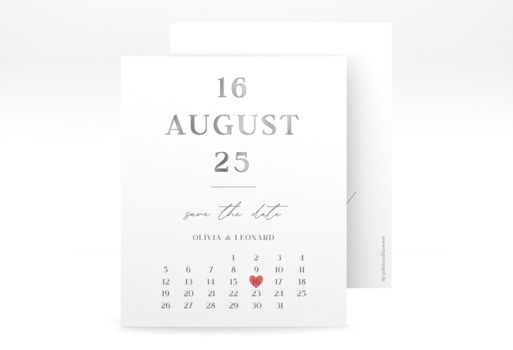 Save the Date-Kalenderblatt Authentisch Kalenderblatt-Karte silber in schlichtem Design mit großem Hochzeitsdatum