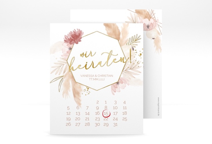 Save the Date-Kalenderblatt Bohostyle Kalenderblatt-Karte gold mit Pampasgras in Aquarell