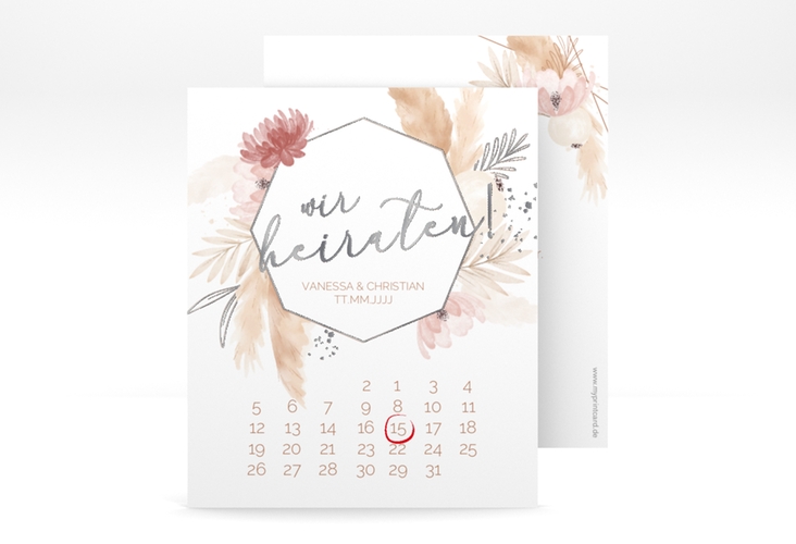 Save the Date-Kalenderblatt Bohostyle Kalenderblatt-Karte silber mit Pampasgras in Aquarell