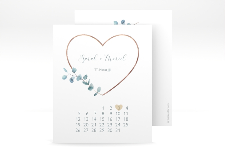 Save the Date-Kalenderblatt Greenheart Kalenderblatt-Karte rosegold mit elegantem Herz und Eukalyptus-Zweig