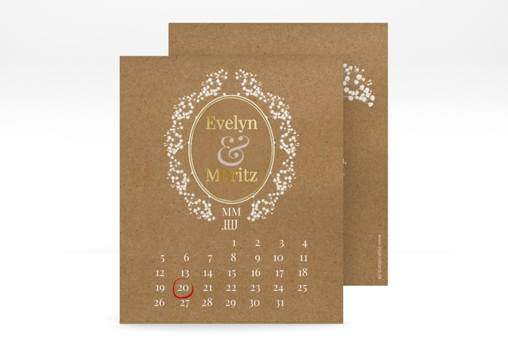 Save the Date-Kalenderblatt Gypsophila Kalenderblatt-Karte gold im Vintage-Stil mit Blumenkranz aus Schleierkraut