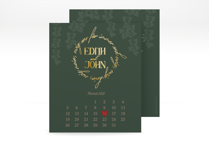 Save the Date-Kalenderblatt Efeugrün Kalenderblatt-Karte gold im Fantasy-Elfen-Design mit Efeu