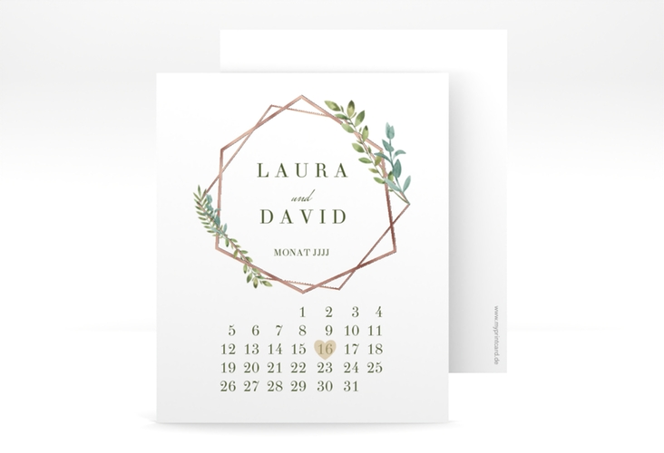 Save the Date-Kalenderblatt Herbarium Kalenderblatt-Karte rosegold mit geometrischem Rahmen und Blätter-Dekor