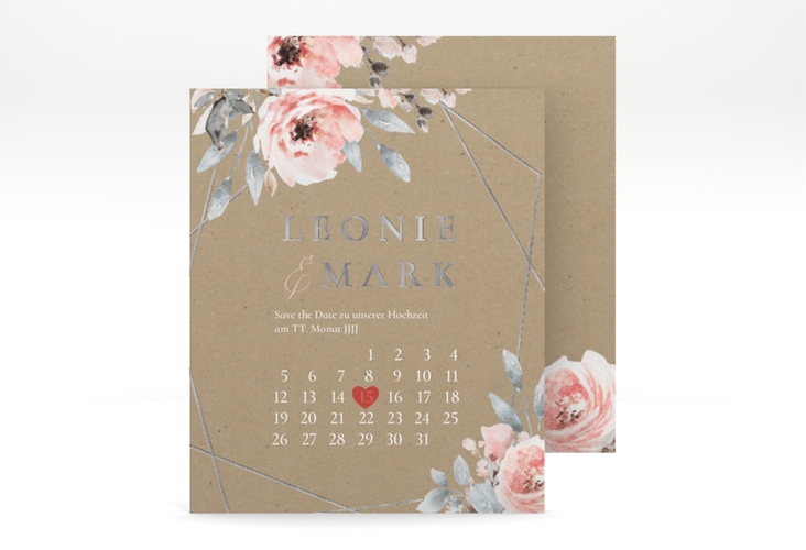Save the Date-Kalenderblatt Perfection Kalenderblatt-Karte silber mit rosa Rosen