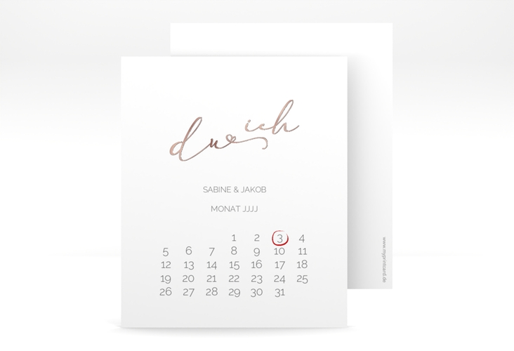 Save the Date-Kalenderblatt Zweisamkeit Kalenderblatt-Karte rosegold im minimalistischen Stil mit Aufschrift du & ich