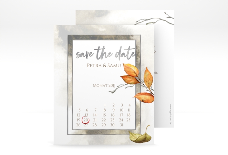 Save the Date-Kalenderblatt Herbst Kalenderblatt-Karte silber mit orangefarbigem Herbstlaub in Aquarell