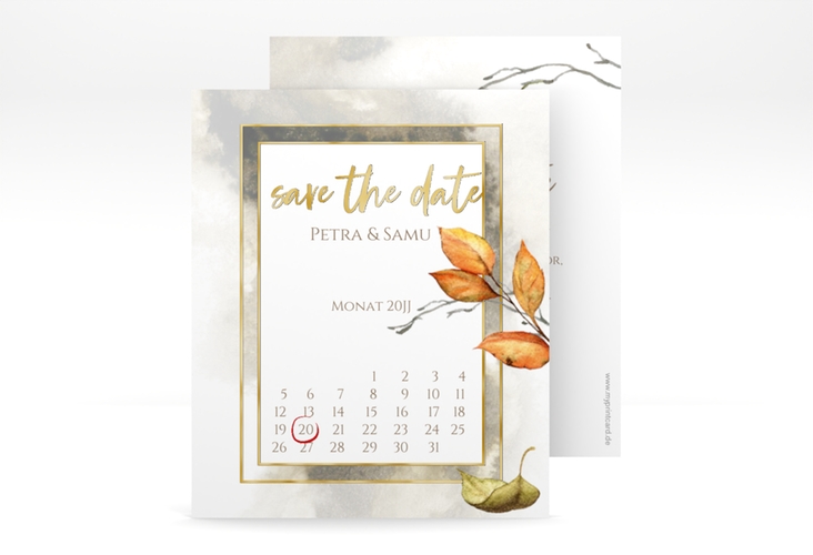 Save the Date-Kalenderblatt Herbst Kalenderblatt-Karte gold mit orangefarbigem Herbstlaub in Aquarell