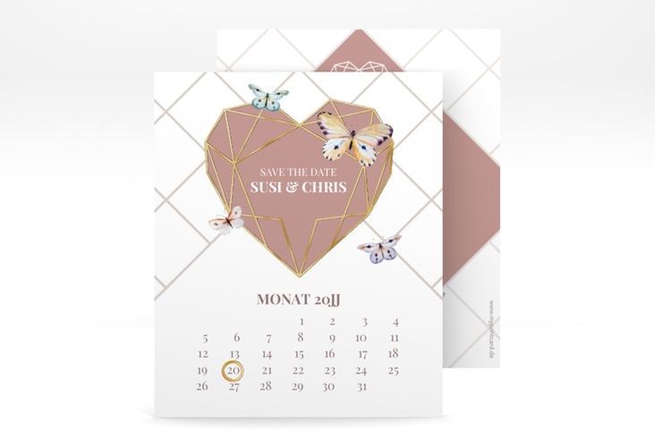Save the Date-Kalenderblatt Butterfly Kalenderblatt-Karte gold mit Schmetterlingen und Herz im Geometric Design
