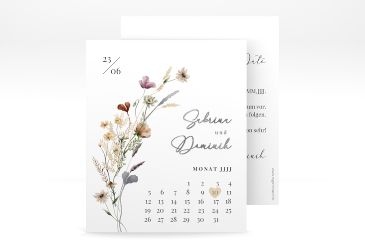 Save the Date-Kalenderblatt Sauvages Kalenderblatt-Karte silber mit getrockneten Wiesenblumen