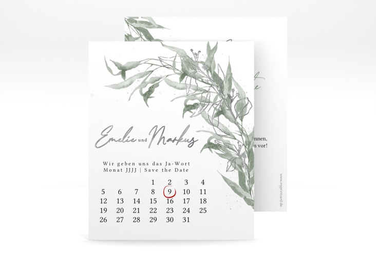Save the Date-Kalenderblatt Eucalyptus Green Kalenderblatt-Karte silber