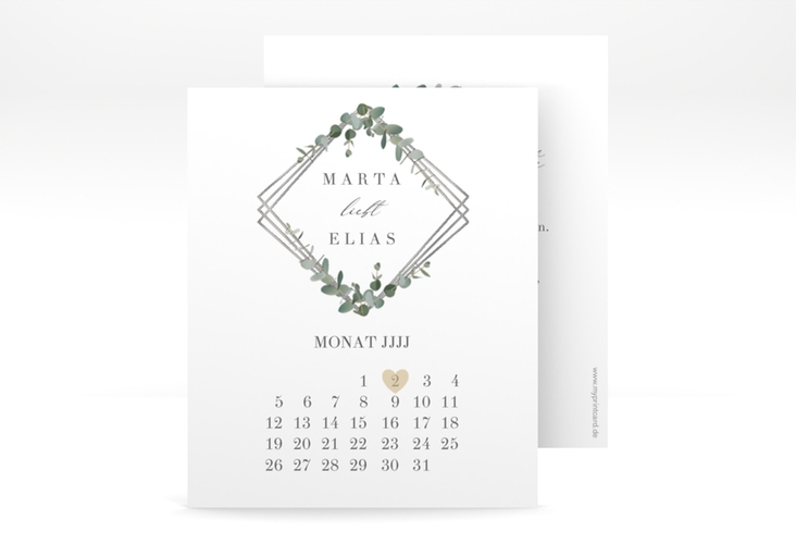 Save the Date-Kalenderblatt Eukalyptus Kalenderblatt-Karte silber