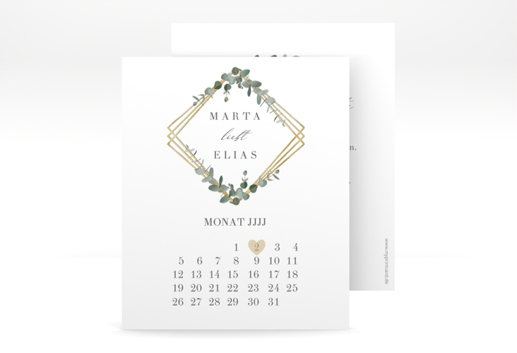 Save the Date-Kalenderblatt Eukalyptus Kalenderblatt-Karte gold