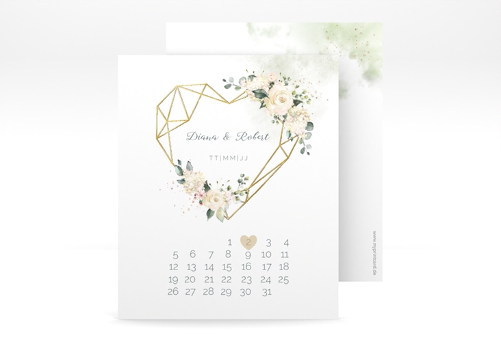 Save the Date-Kalenderblatt Adore Kalenderblatt-Karte gold mit geometrischem Herz und Rosen in Pastell