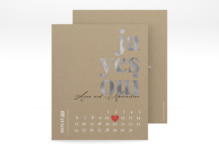Save the Date-Kalenderblatt Oui Kalenderblatt-Karte silber mit Ja-Wort in verschiedenen Sprachen