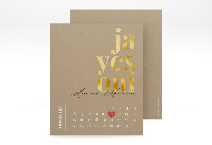 Save the Date-Kalenderblatt Oui Kalenderblatt-Karte gold mit Ja-Wort in verschiedenen Sprachen