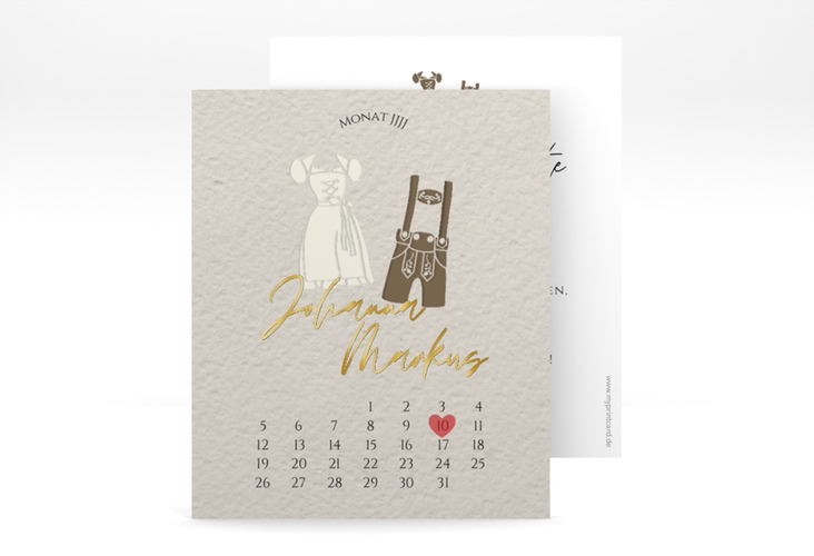 Save the Date-Kalenderblatt Trachtenhochzeit Kalenderblatt-Karte gold mit Dirndl und Lederhose