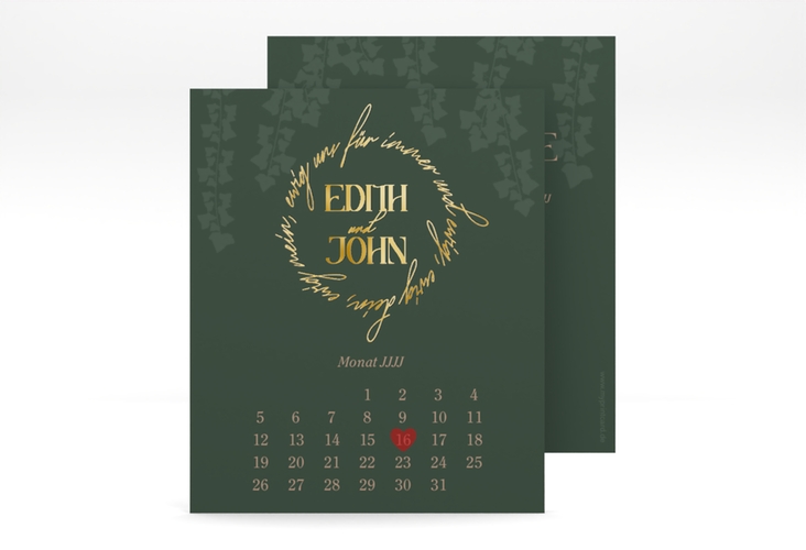 Save the Date-Kalenderblatt Efeugrün Kalenderblatt-Karte gold im Fantasy-Elfen-Design mit Efeu