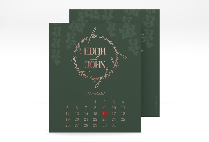 Save the Date-Kalenderblatt Efeugrün Kalenderblatt-Karte rosegold im Fantasy-Elfen-Design mit Efeu
