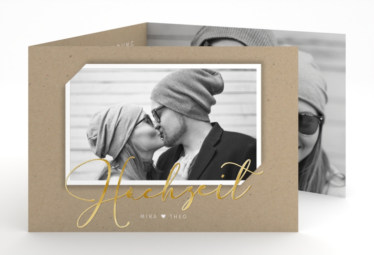 Hochzeitseinladung Crafty A6 Doppel-Klappkarte gold mit Schwarzweiß-Foto
