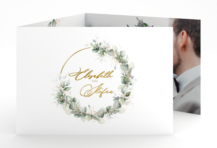 Danksagungskarte Hochzeit Selvatica A6 Doppel-Klappkarte gold mit Eukalyptus-Kranz