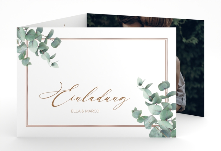 Hochzeitseinladung "Eucalypt" A6 Doppel-Klappkarte rosegold mit Eukalyptus und edlem Rahmen