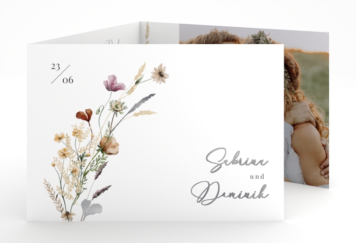 Danksagungskarte Hochzeit Sauvages A6 Doppel-Klappkarte silber mit getrockneten Wiesenblumen