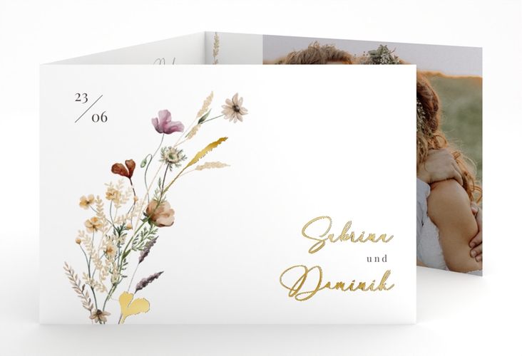 Danksagungskarte Hochzeit Sauvages A6 Doppel-Klappkarte gold mit getrockneten Wiesenblumen
