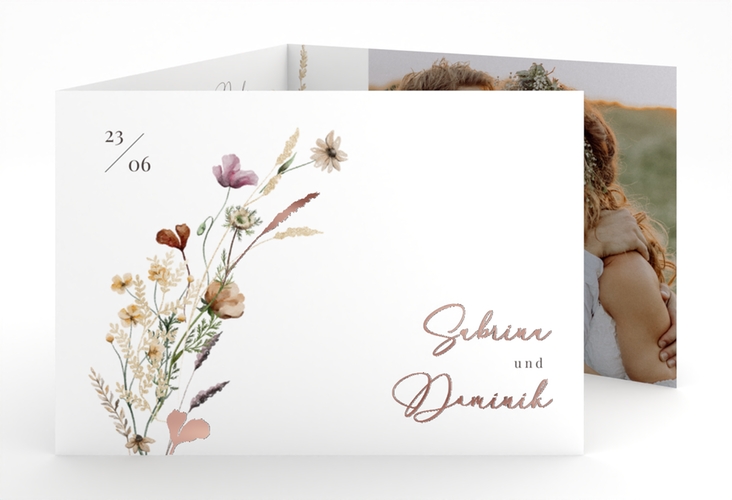 Danksagungskarte Hochzeit Sauvages A6 Doppel-Klappkarte rosegold mit getrockneten Wiesenblumen